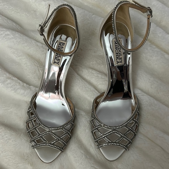 BADGLEY MISCHKA Rain Crystal Adorned Satin Stiletto Heel - Soft White - Picture 2 of 9